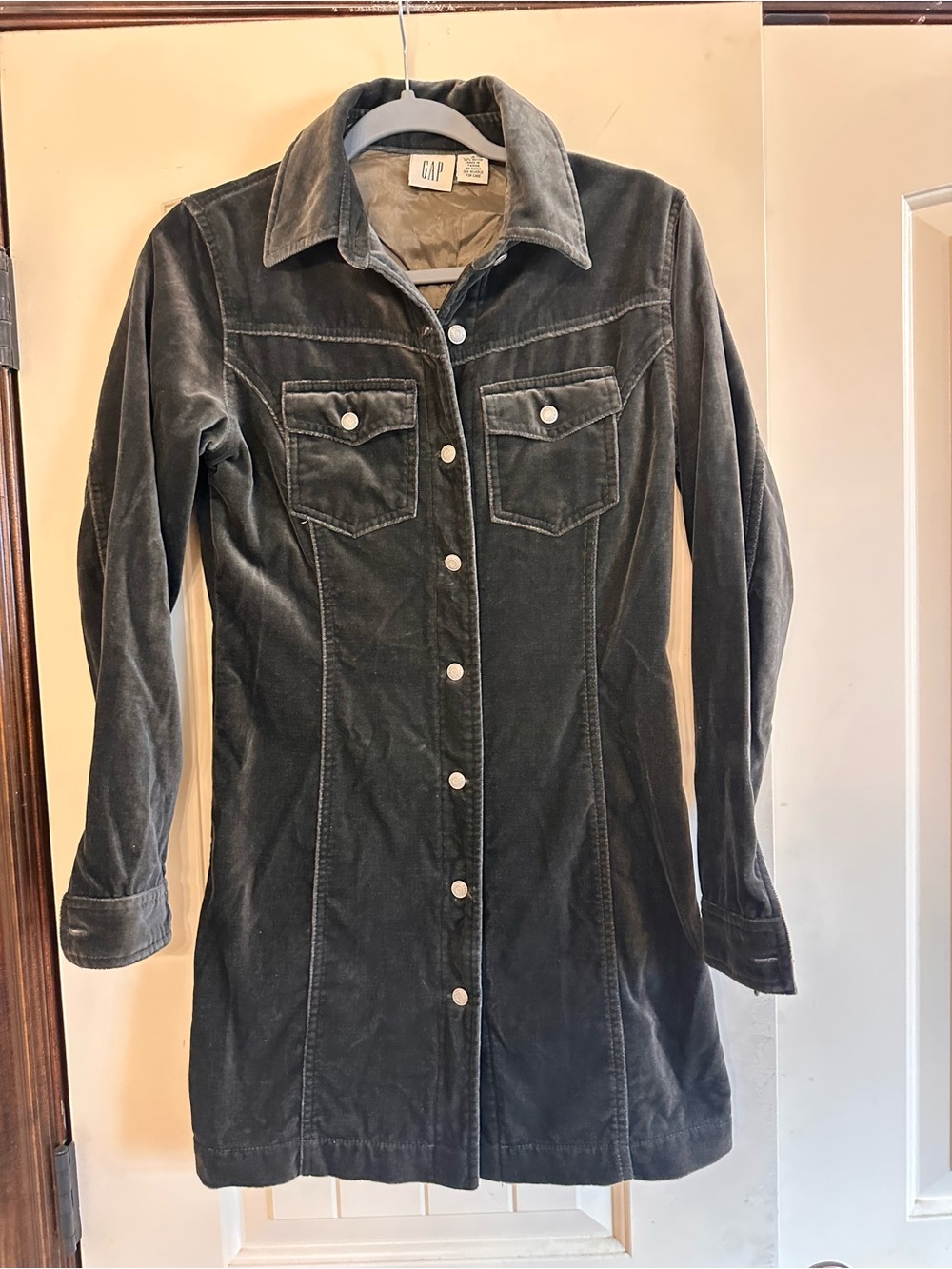 Vintage GAP Gray Velvet Snap-Front Shirt Dress | Y2K 90s Minimalist